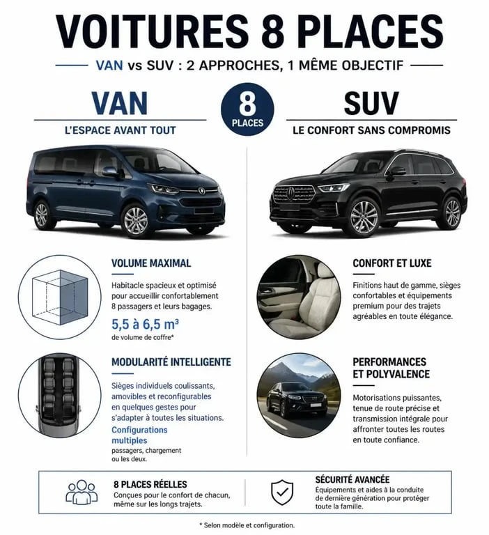 Infographie comparative des voitures 8 places : Van vs SUV pour choisir son véhicule familial.