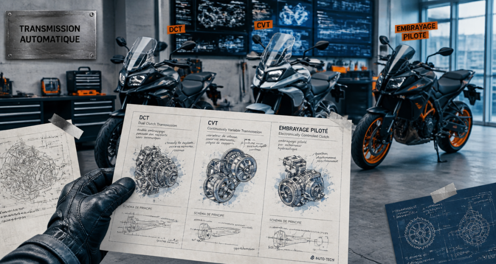 Motos automatiques DCT CVT E-Clutch alignées en atelier