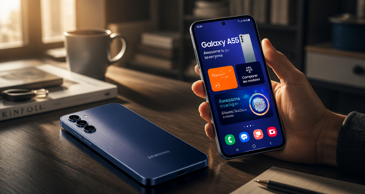 Samsung Galaxy A55 avis, smartphone bleu nuit sur table