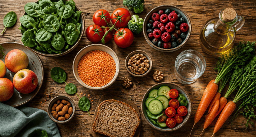 Aliment bon pour la santé, légumes et fruits frais sur table