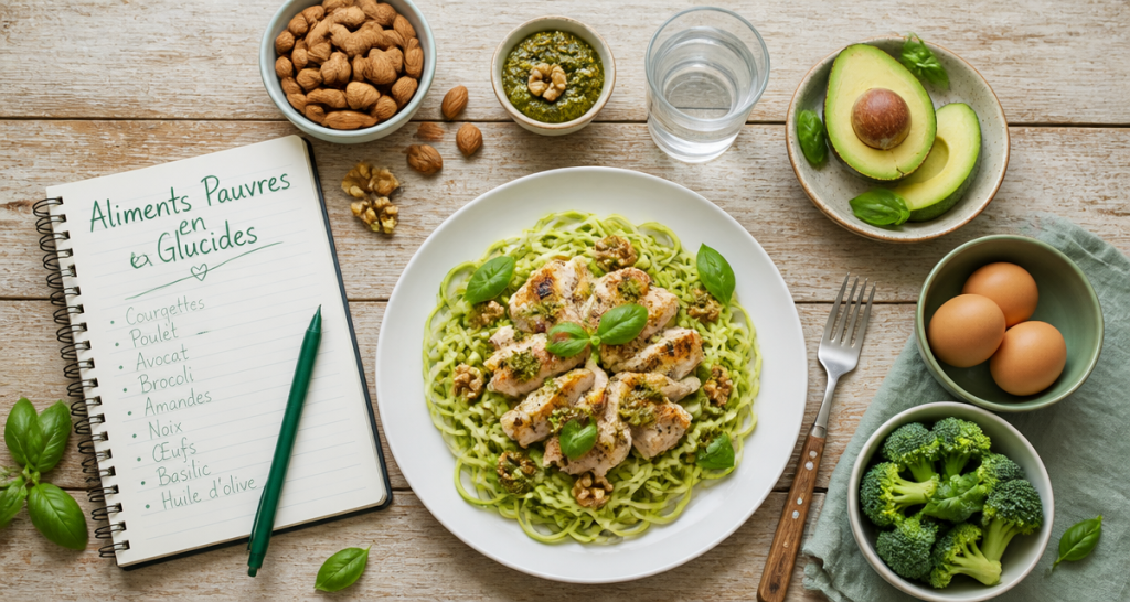 aliments pauvre en glucide sur table rustique