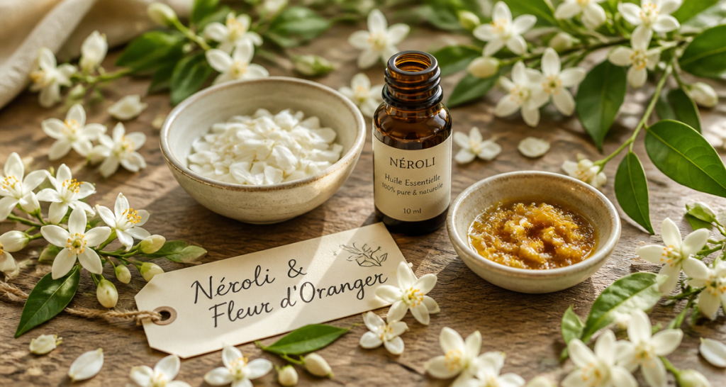 fleur d'oranger neroli sur table avec huile essentielle