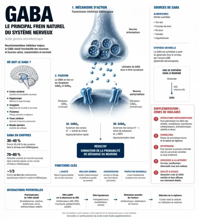 Infographie sur les risques et précautions liés à la supplémentation en GABA dangereux