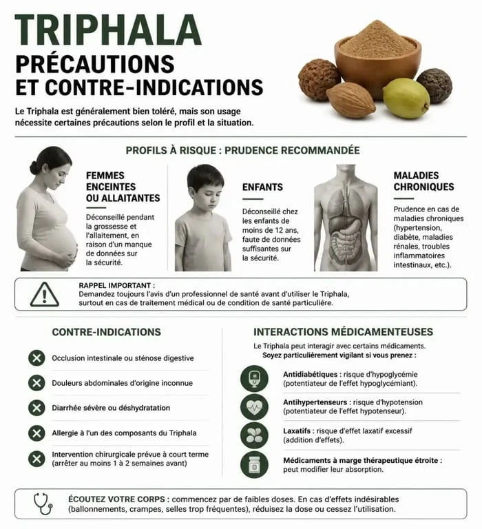 Infographie sur les dangers et précautions liés à la consommation de Triphala