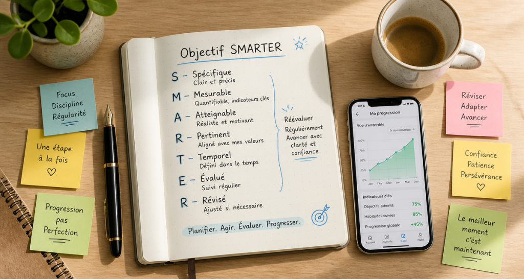 bureau avec carnet objectif smarter et outils de suivi