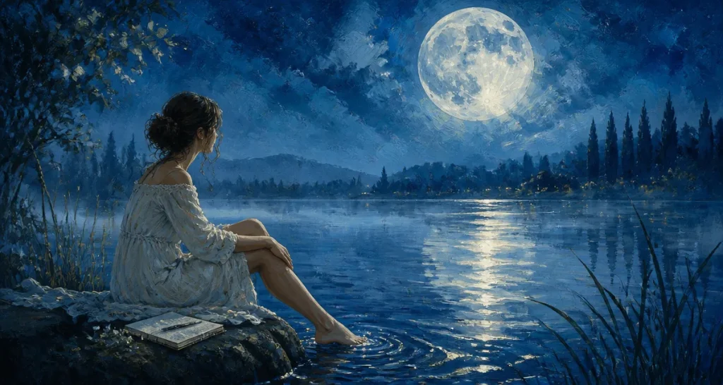 pleine lune en poisson femme lac carnet
