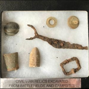 Authentic Civil War Relics Collectors Case, Contains Relics Excavated In Virginia In Glass Case Certified By The Gettysburg Museum Of History