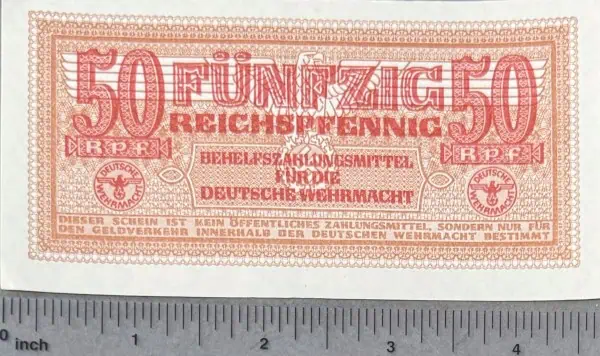 50 Reichspfennig German currency note from WWII, featuring intricate design and historical significa.