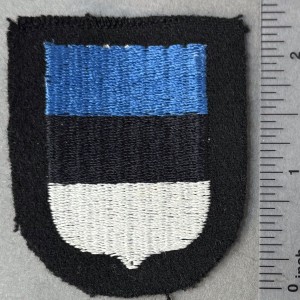 Blue, black, and white embroidered patch with a shield design.