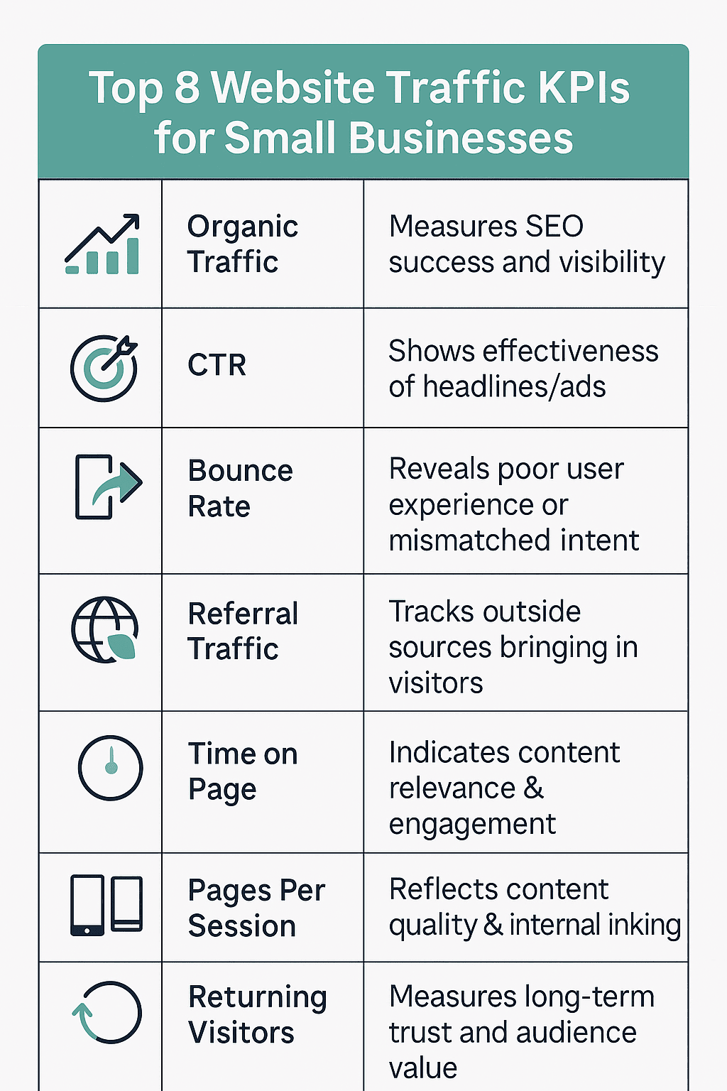 Infographic showing top 8 website traffic KPIs for small businesses, including organic traffic, CTR, bounce rate, referral traffic, time on page, pages per session, and returning visitors.