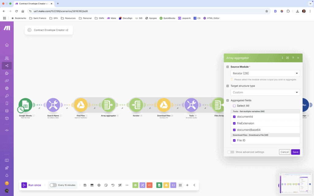 Array Aggregator closing with the updated custom fields defined that are to be used in the DocuSign API Call body