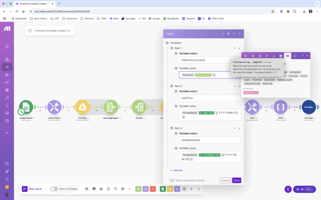 Make.com custom variable to flatten the array an unwrap the parent array on your data.