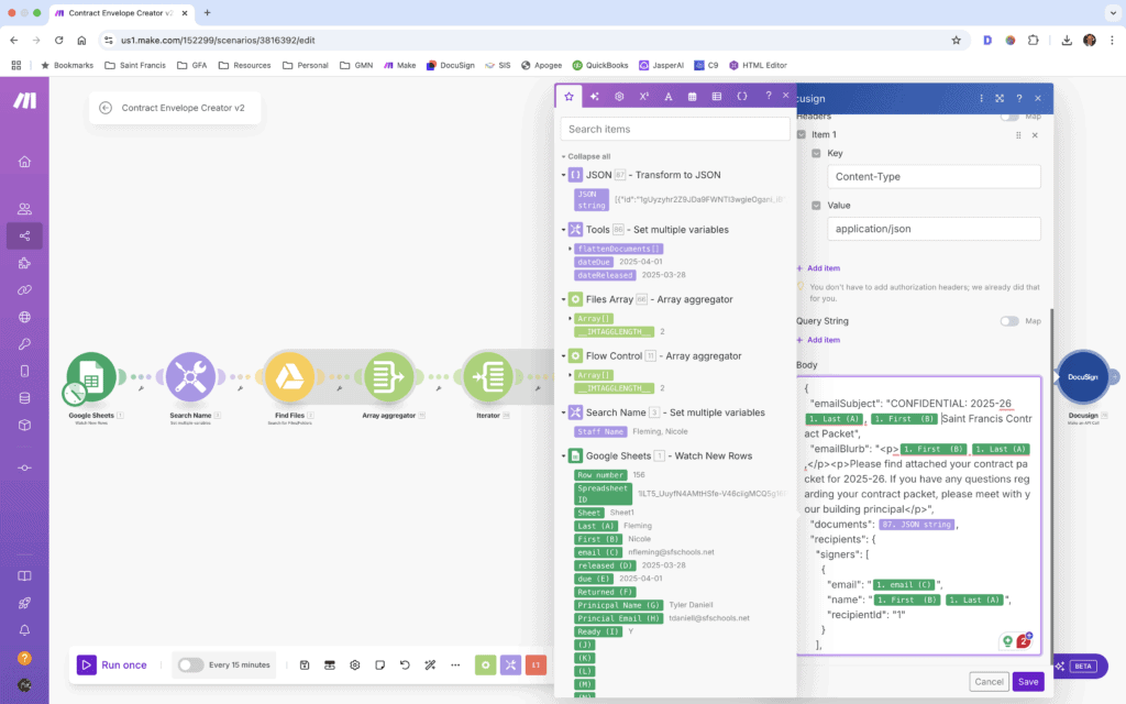 Example DocuSign API Call body JSON with custom fields dynamically input from previous modules
