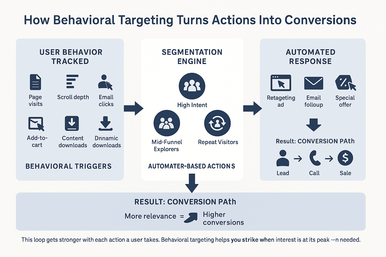 Infographic showing how behavioral targeting works in marketing, from data collection to ad personalization and conversion optimization