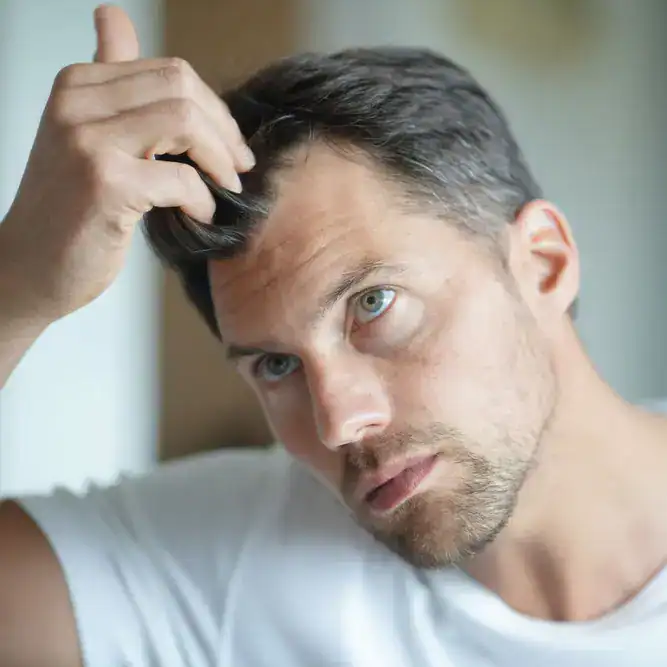 Middle aged man examines his hair line in a mirror