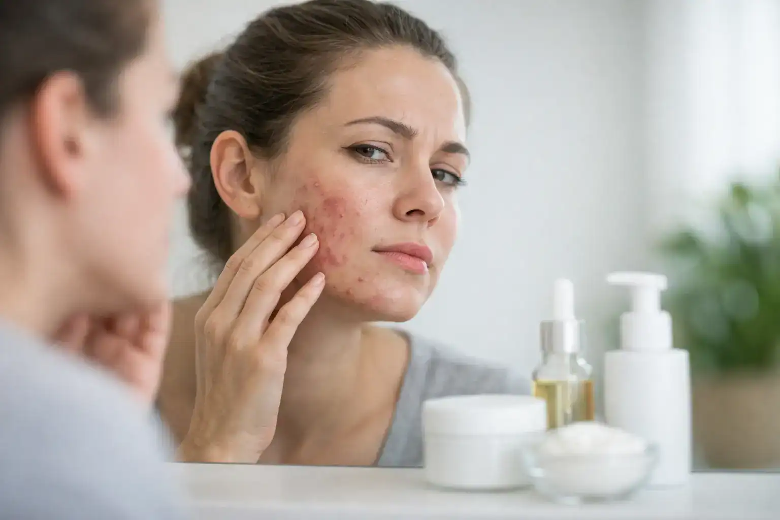 Woman with adult cystic acne touches a tenders spot on her face