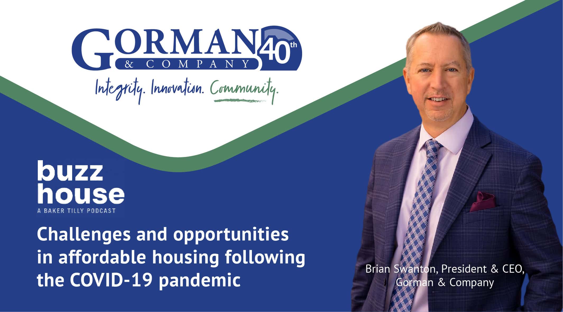 Image of Brian Swanton and the buzz house Baker Tilly podcast logo