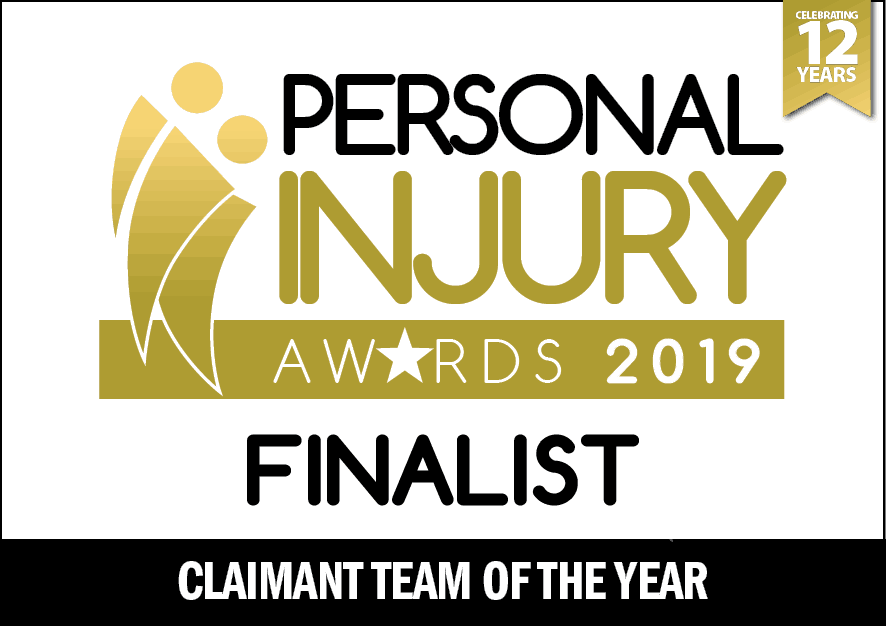 Personal Injury Awards 2019 finalist badge for claimant team of the year, celebrating excellence in personal injury claims and legal representation.