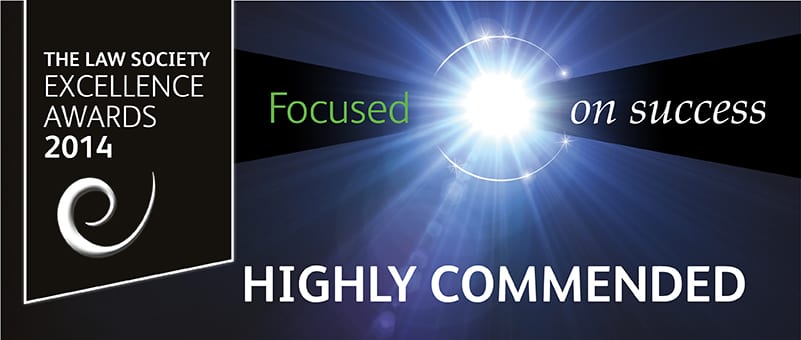 Law society excellence awards 2014 banner, highlighting focus on success and high commendations, with a bright sunburst background symbolising achievement and recognition in the legal profession, awarded by the Law Society of England and Wales.