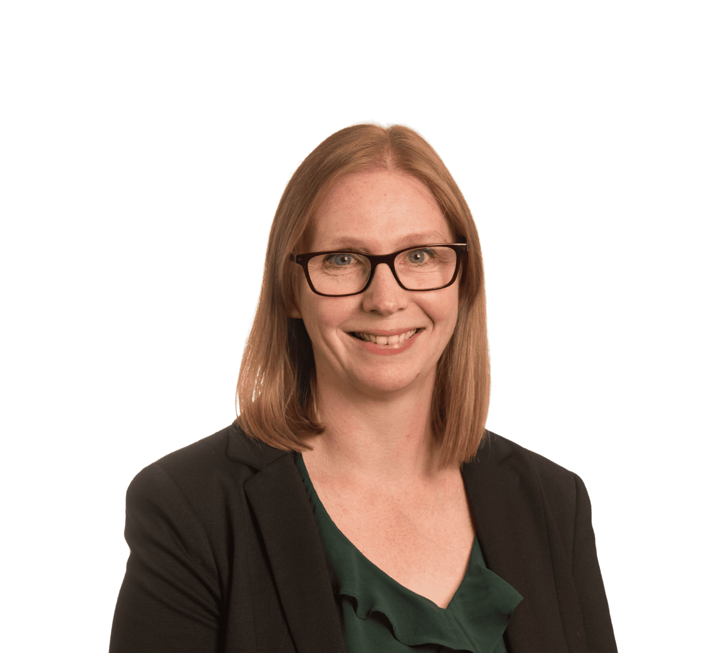 Professional woman with shoulder-length blonde hair, wearing glasses and a dark blazer, smiling confidently against a plain background.