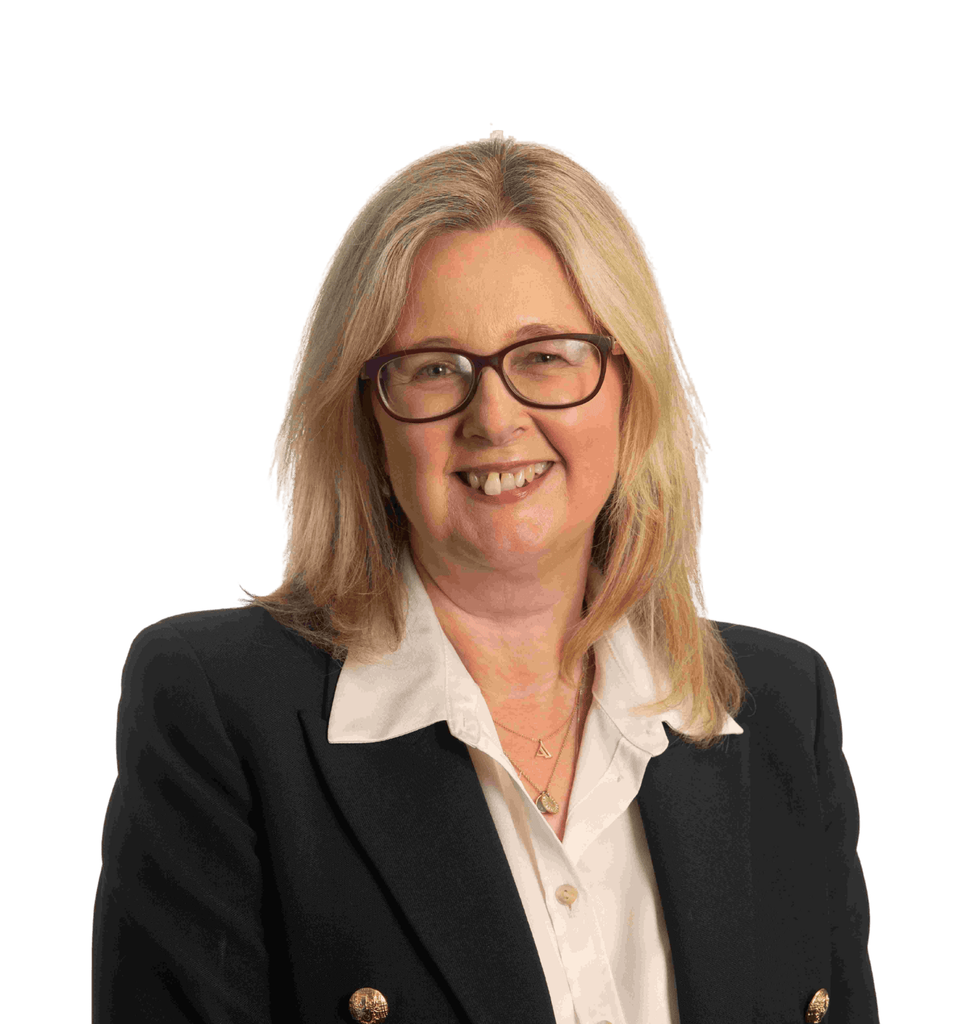 Elegant businesswoman wearing glasses in a professional blazer, smiling confidently for a corporate portrait.