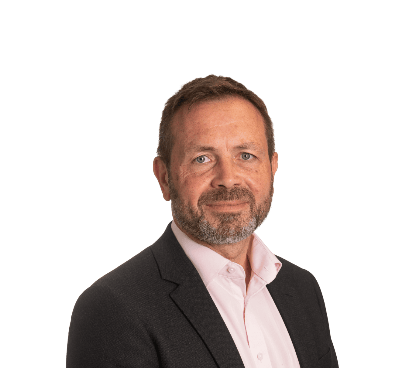 A professional headshot of a middle-aged man with a beard, wearing a dark suit and light pink shirt, against a plain background, representing legal expertise and client trust.