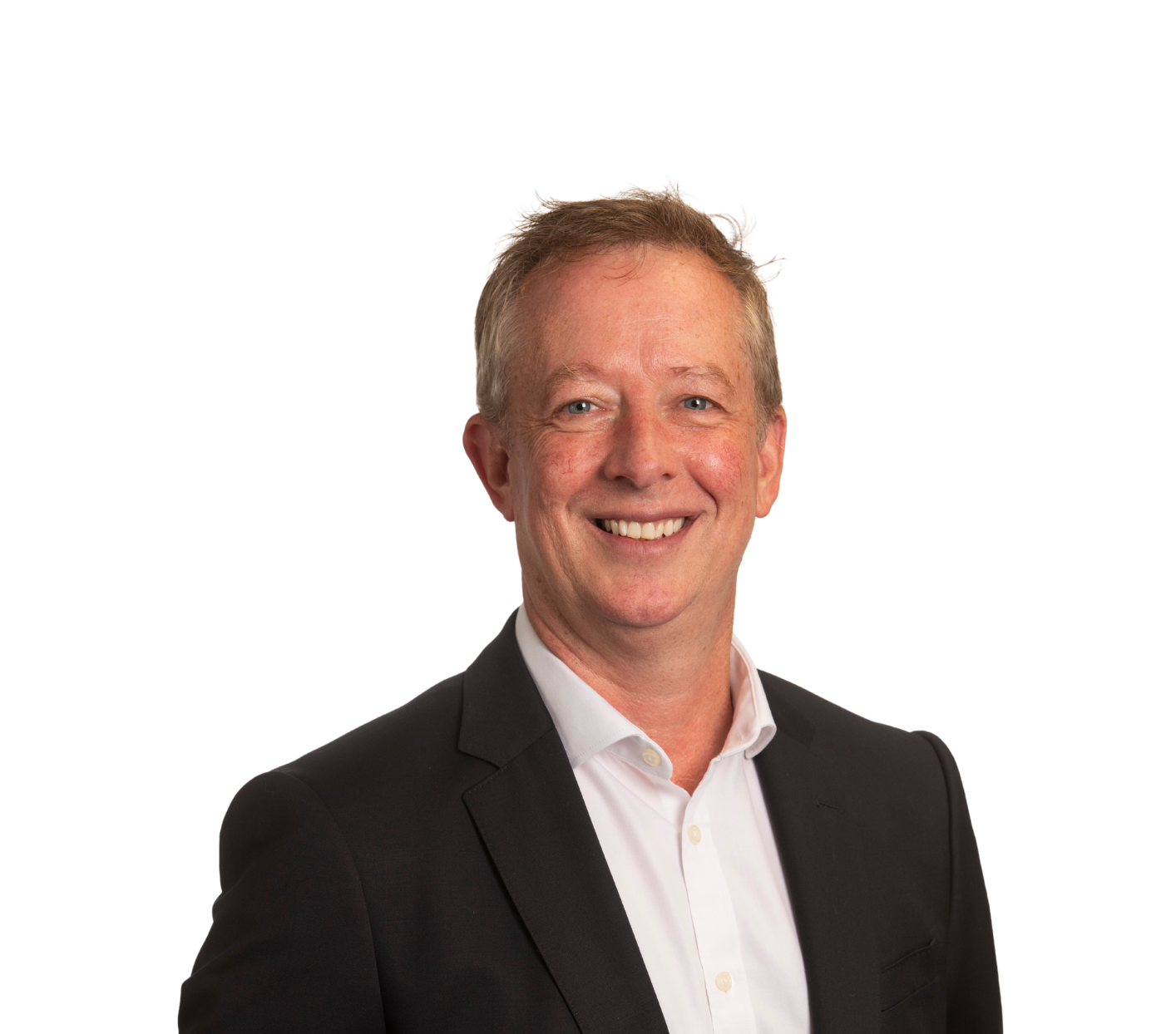 A professional portrait of a smiling businessman wearing a black suit and white shirt, set against a plain background.
