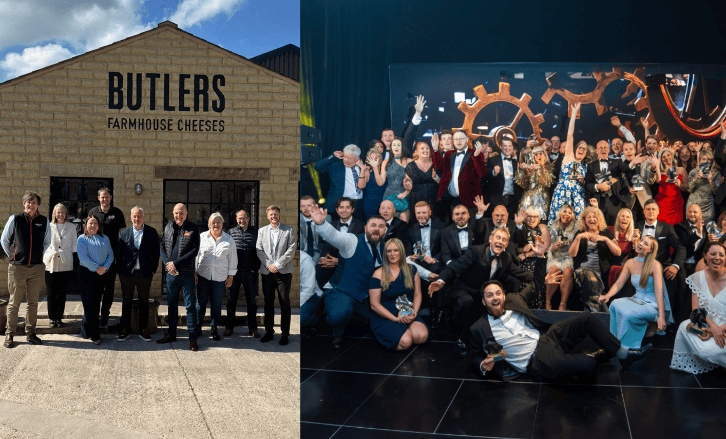 Group photo of the Farmhouse Cheeses team outside the Butlers building and at an event, showcasing staff and attendees.