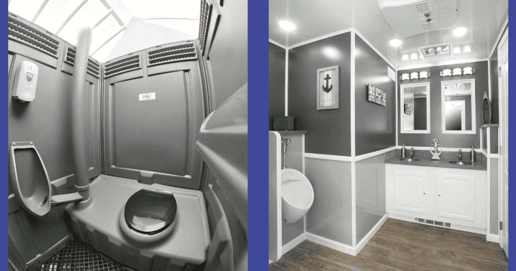 Comparison of portable toilet and luxury restroom trailer for events.