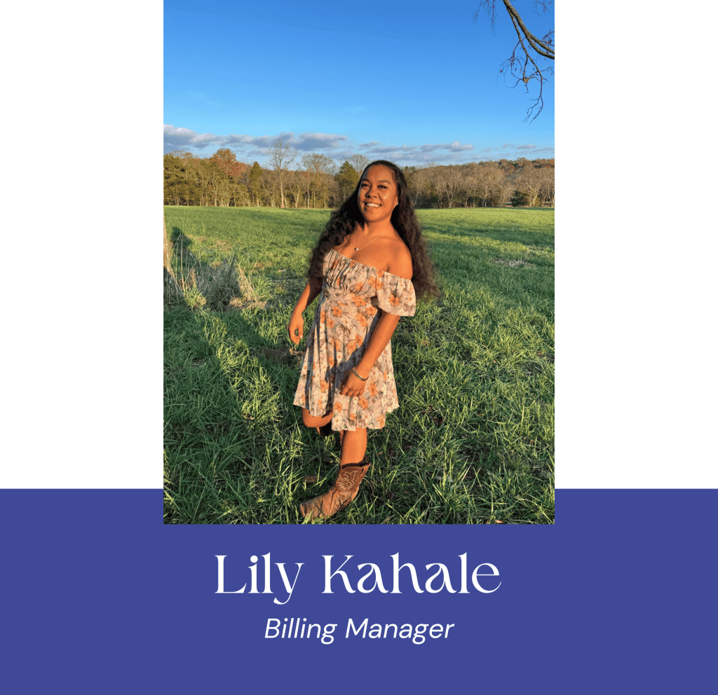 Lily Kahale, Billing Manager, standing outdoors in a green field with trees and blue sky.