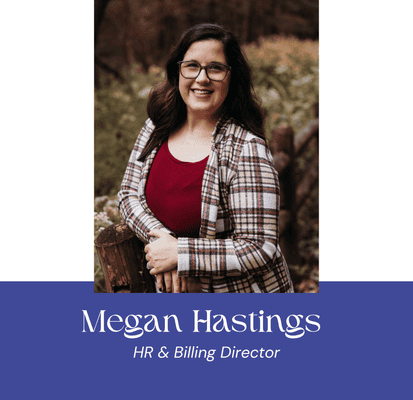 Portrait of Megan Hastings, HR & Billing Director, smiling outdoors.