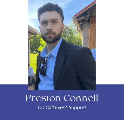 Professional man in suit outdoors, event support specialist Preston Connell.