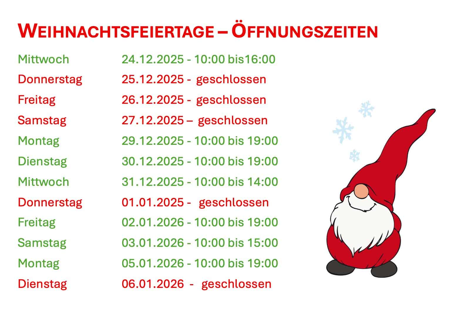 Feiertags Öffnungszeiten