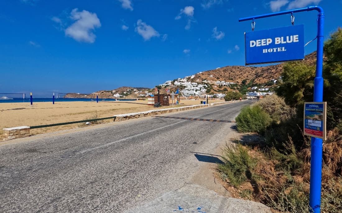 Mylopotas Beach road outside Deep Blue Rooms