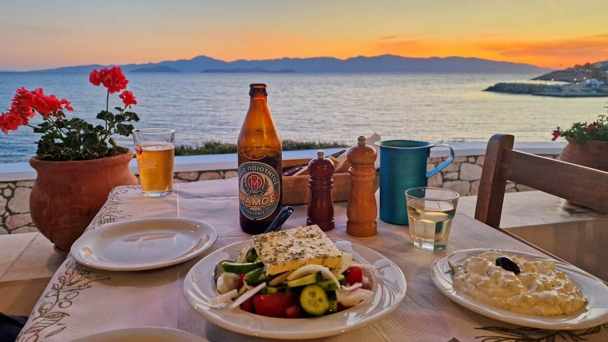 Greek salad tzatziki wine and beer at Iliovasilema restaurant, Donousa