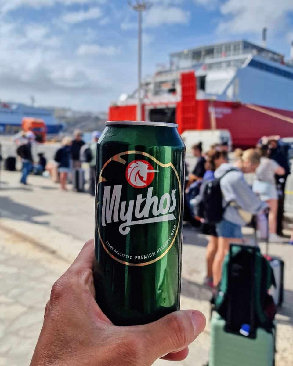 Can of Mythos at Tourlos Port, Mykonos