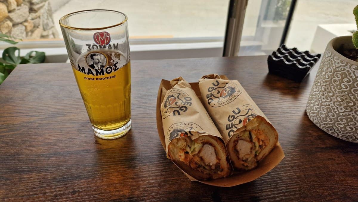 Degu Chicken Sandwich and Mamos Beer