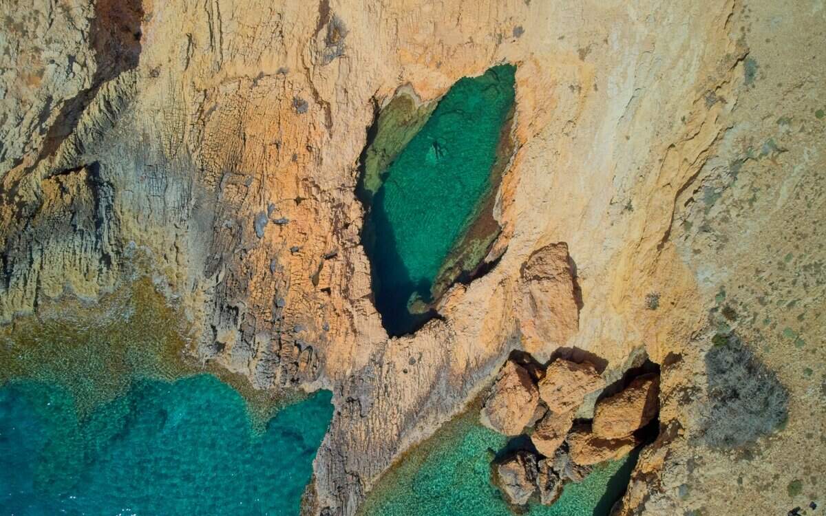 Drone shot of Devils Eye Sea Cave on Koufonisia