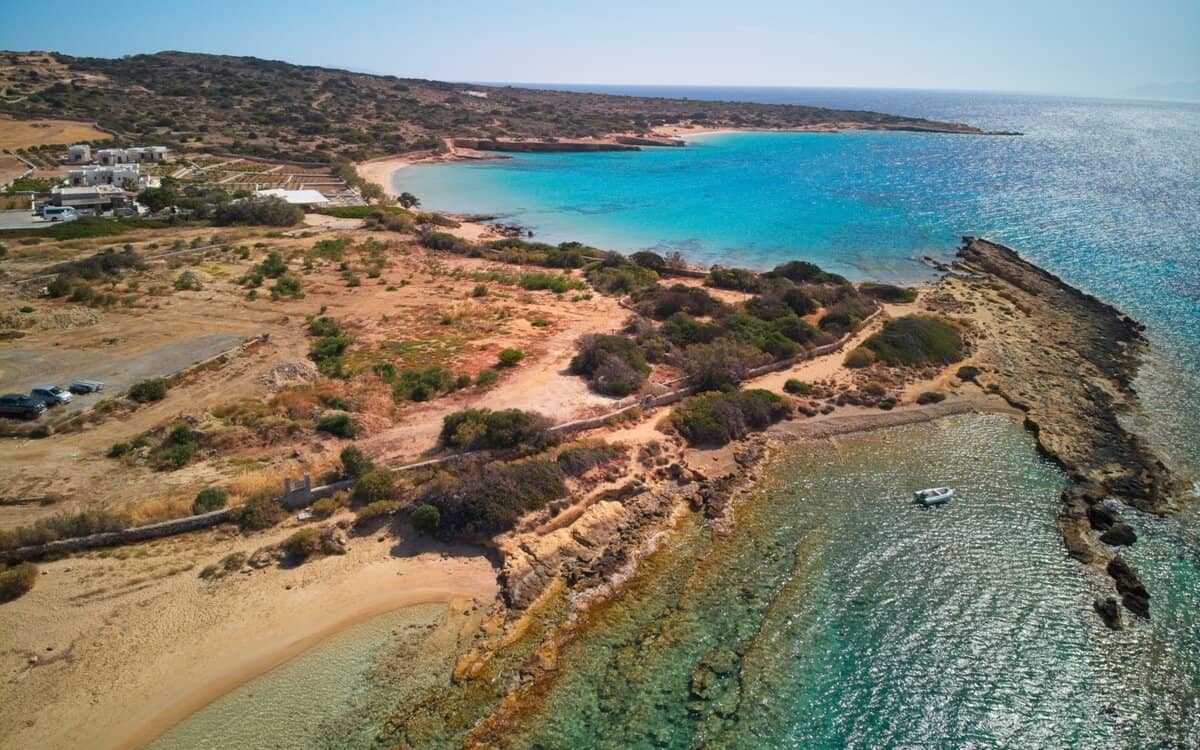 Drone shot showing Finikas, Fanos and Italida Beaches on Koufonisia