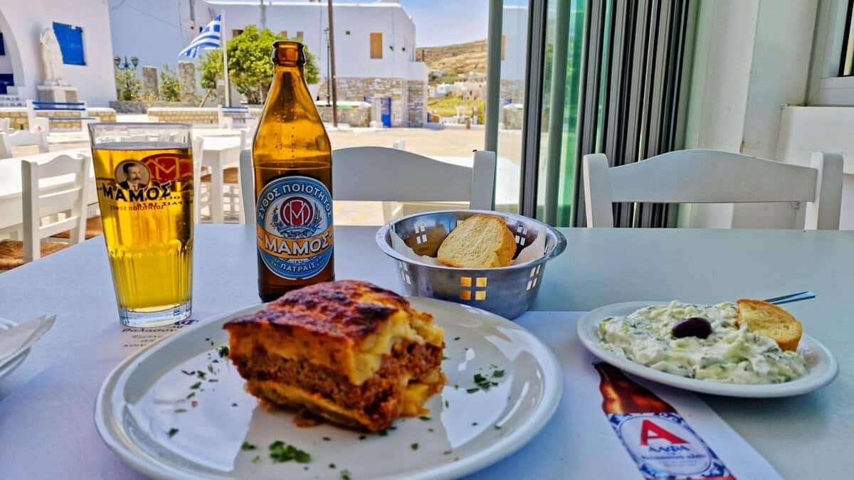 Moussaka Tzatziki and Mamos at Vergos Taverna Ano Mera Mykonos