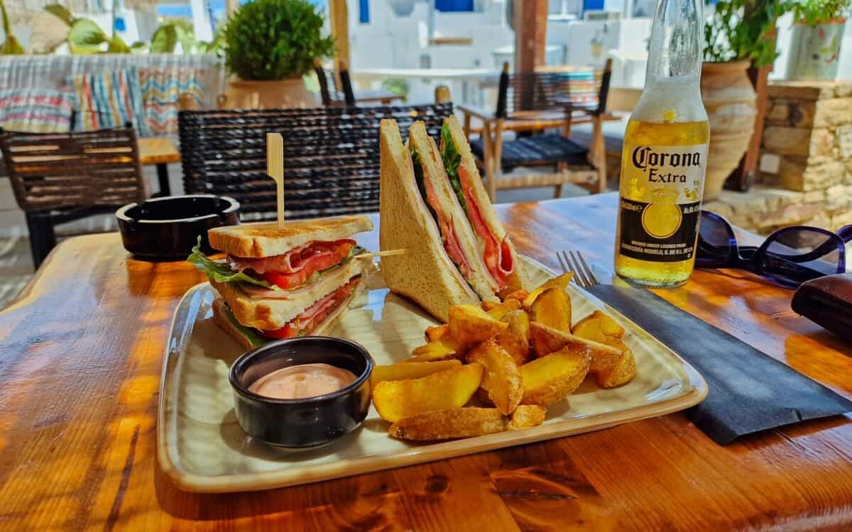 Tasty club sandwich and Corona at Opsianos, Koufonisia