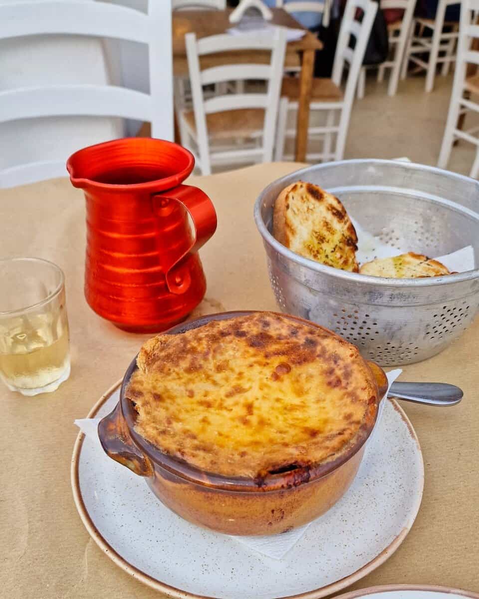 Tasty moussaka and wine at Meatato, Koufonisia