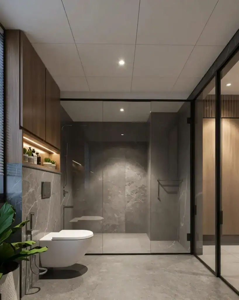 Modern bathroom interior with floating vanity and LED mirror in Pune apartment