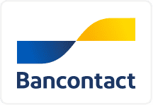 Bancontact logo met een blauw en geel abstract golfontwerp boven het woord "Bancontact" in vette blauwe letters op een witte achtergrond.