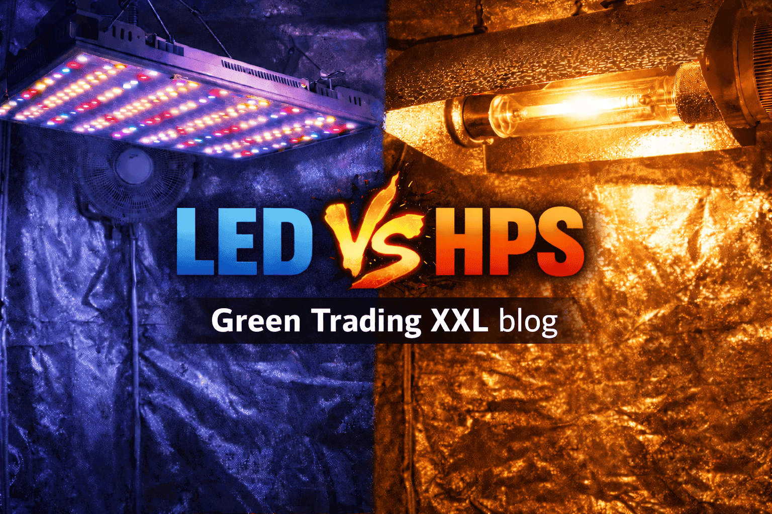 LED und HPS werden zum Vergleich abgebildet, mit einer LED-Wachstumslampe auf der linken Seite und einer HPS-Lampe auf der rechten Seite. Beide Lampen sind vor einem Hintergrundtuch platziert, das die Neigung der Lichtfarbe und -intensität betont. Die LED-Lampe ist in einem kalten, blauen Farbton gehalten, während die HPS-Lampe einen warmen, orangefarbenen Schein hat. Die Abbildung veranschaulicht die Unterschiede in der Beleuchtungstechnologie, was für die Anwendung in der Landwirtschaft und im Innenanbau relevant ist.