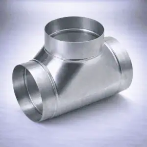 T-stuk van metaal, geschikt voor ventilatiesystemen. Gemaakt van hoogwaardige, duurzame staal met een zilverachtige afwerking. Ontworpen voor het verbinden van luchtkanalen in een 90-graden hoek. Verkrijgbaar in diverse maten voor aanpassing aan verschillende systemen. Ideaal voor toepassingen in zowel commerciële als residentiële gebouwen, met aandacht voor energie-efficiëntie en milieuvriendelijkheid.