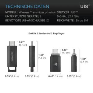 Draadloze transmitter van AC Infinity, model AC-WTA3, geschikt voor twee apparaten. Bevat twee zenders en twee ontvangers. Ondersteunt UIS™-aansluitingen en werkt op een frequentie van 2.4 GHz. De reikwijdte bedraagt maximaal 8 meter. Afmetingen: zender 1, 1,4 cm breed en 1,8 cm hoog; zender 2, 0,9 cm breed en 0,7 cm hoog. Duurzaam, ontworpen voor betrouwbare communicatie tussen apparaten.