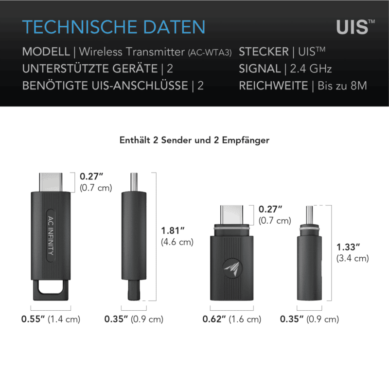 Draadloze transmitter van AC Infinity, model AC-WTA3, geschikt voor twee apparaten. Bevat twee zenders en twee ontvangers. Ondersteunt UIS™-aansluitingen en werkt op een frequentie van 2.4 GHz. De reikwijdte bedraagt maximaal 8 meter. Afmetingen: zender 1, 1,4 cm breed en 1,8 cm hoog; zender 2, 0,9 cm breed en 0,7 cm hoog. Duurzaam, ontworpen voor betrouwbare communicatie tussen apparaten.