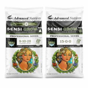 Sensi Grow A en B zijn wateroplosbare poeders van Advanced Nutrients, ontworpen voor de professionele kweker. Beide verpakkingen bevatten hoogwaardige meststoffen: Deel A heeft een NPK-waarde van 9-10-28 en bevat micronutriënten, terwijl Deel B een NPK-waarde van 15-0-0 bevat. Beide producten zijn bedoeld voor gebruik tijdens de vegetatieve fase van de plantengroei. De poeders zijn verpakt in 1,34 kg zakken en zijn snel oplosbaar in water, wat zorgt voor een eenvoudige toepassing. Het ontwerp van de verpakking omvat afbeeldingen van een vrouw, evenals kleurrijke bloemen en ornamenten, wat een aantrekkelijk visueel element toevoegt. Deze producten zijn gericht op een duurzame en efficiënte kweek, met een garantie voor een risicoloze ervaring voor de kweker.