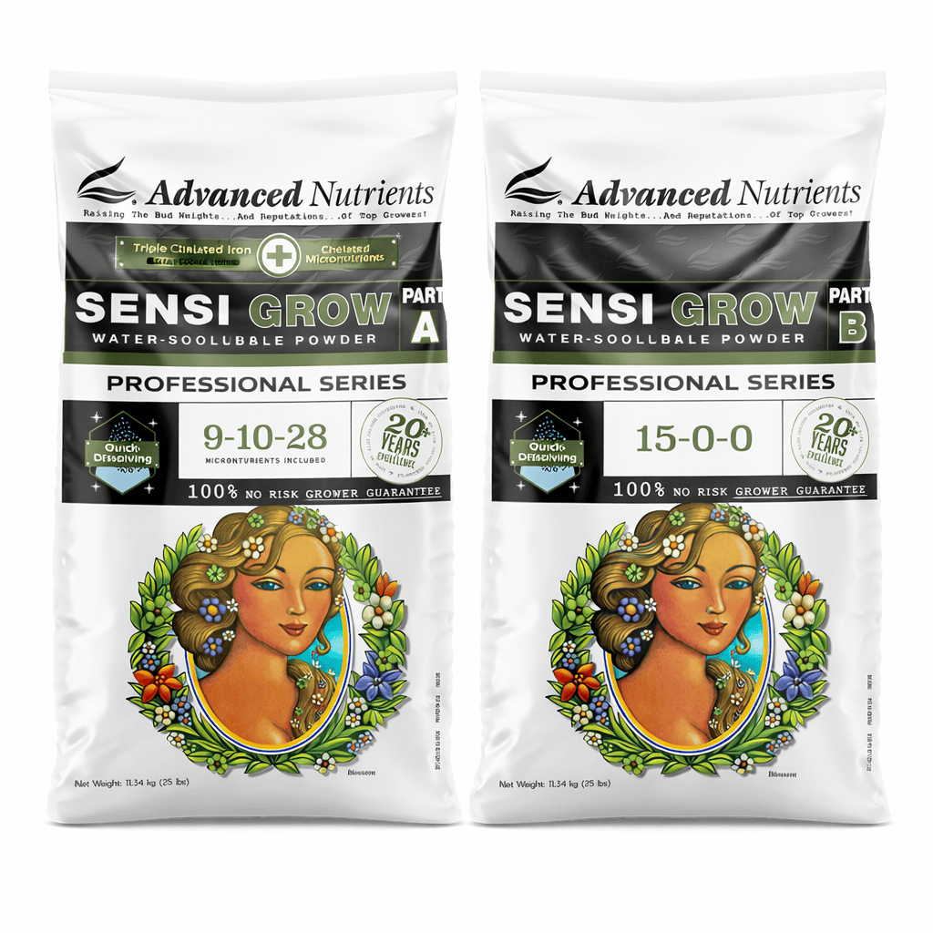 Sensi Grow A en B zijn wateroplosbare poeders van Advanced Nutrients, ontworpen voor de professionele kweker. Beide verpakkingen bevatten hoogwaardige meststoffen: Deel A heeft een NPK-waarde van 9-10-28 en bevat micronutriënten, terwijl Deel B een NPK-waarde van 15-0-0 bevat. Beide producten zijn bedoeld voor gebruik tijdens de vegetatieve fase van de plantengroei. De poeders zijn verpakt in 1,34 kg zakken en zijn snel oplosbaar in water, wat zorgt voor een eenvoudige toepassing. Het ontwerp van de verpakking omvat afbeeldingen van een vrouw, evenals kleurrijke bloemen en ornamenten, wat een aantrekkelijk visueel element toevoegt. Deze producten zijn gericht op een duurzame en efficiënte kweek, met een garantie voor een risicoloze ervaring voor de kweker.